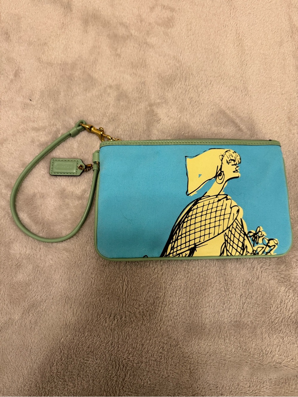 Coach Blue and Yellow Illustrated Wristlet Clutch